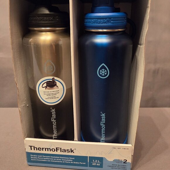 ThermoFlask Stainless Steel 40oz Straw/Spout Lid, 2-pack-Blue and Gray - Picture 1 of 1